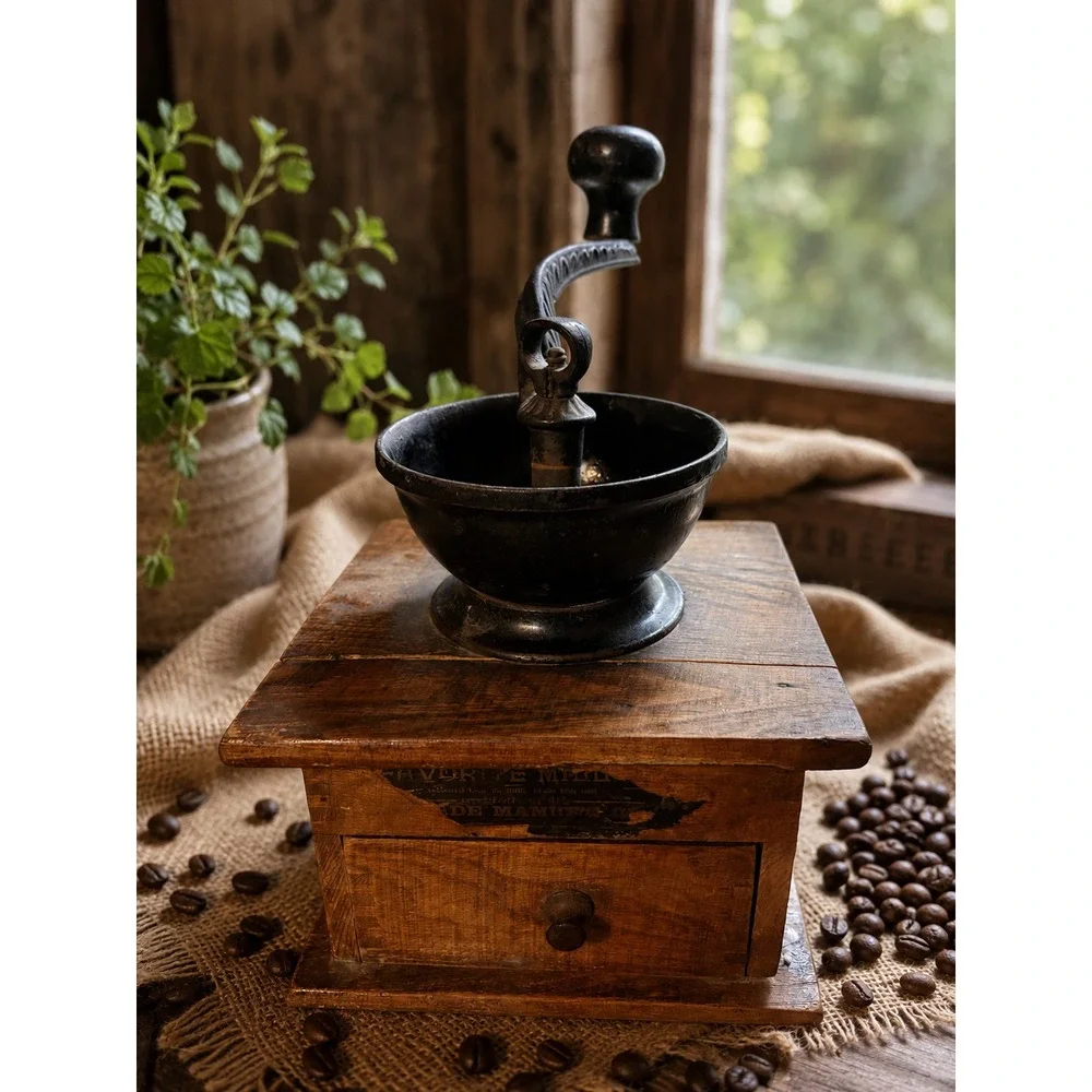 Vintage Wooden Hand Crank Coffee Grinder Mill Cast Iron Bowl Drawer Primitive